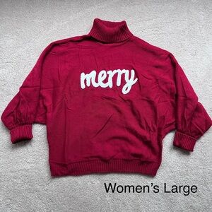 Red Turtleneck Sweater with 'Merry' Design